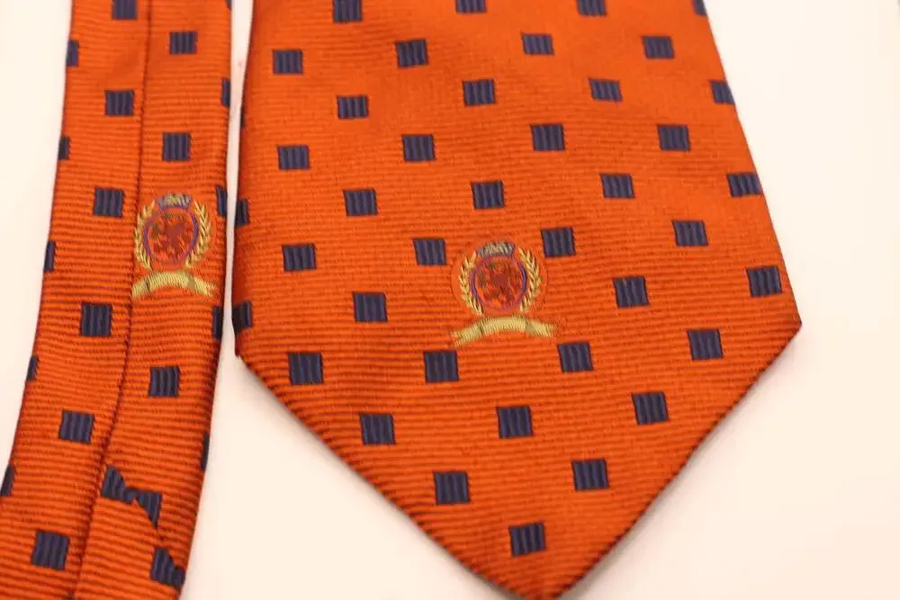 Tommy Hilfiger Men's Silk Necktie in Orange with Navy Blue Square Pattern